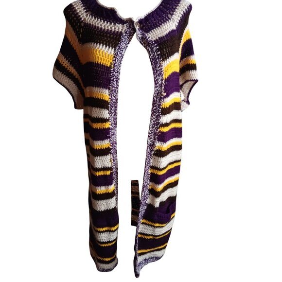 Medium Vtg 1970's Sweater Women's Handmade Striped Multicolor Open Front Knit - Picture 4 of 7